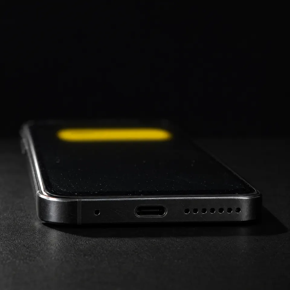 Borde inferior de un móvil negro sobre la mesa, con un mensaje amarillo recién llegado en la pantalla, desenfocado.