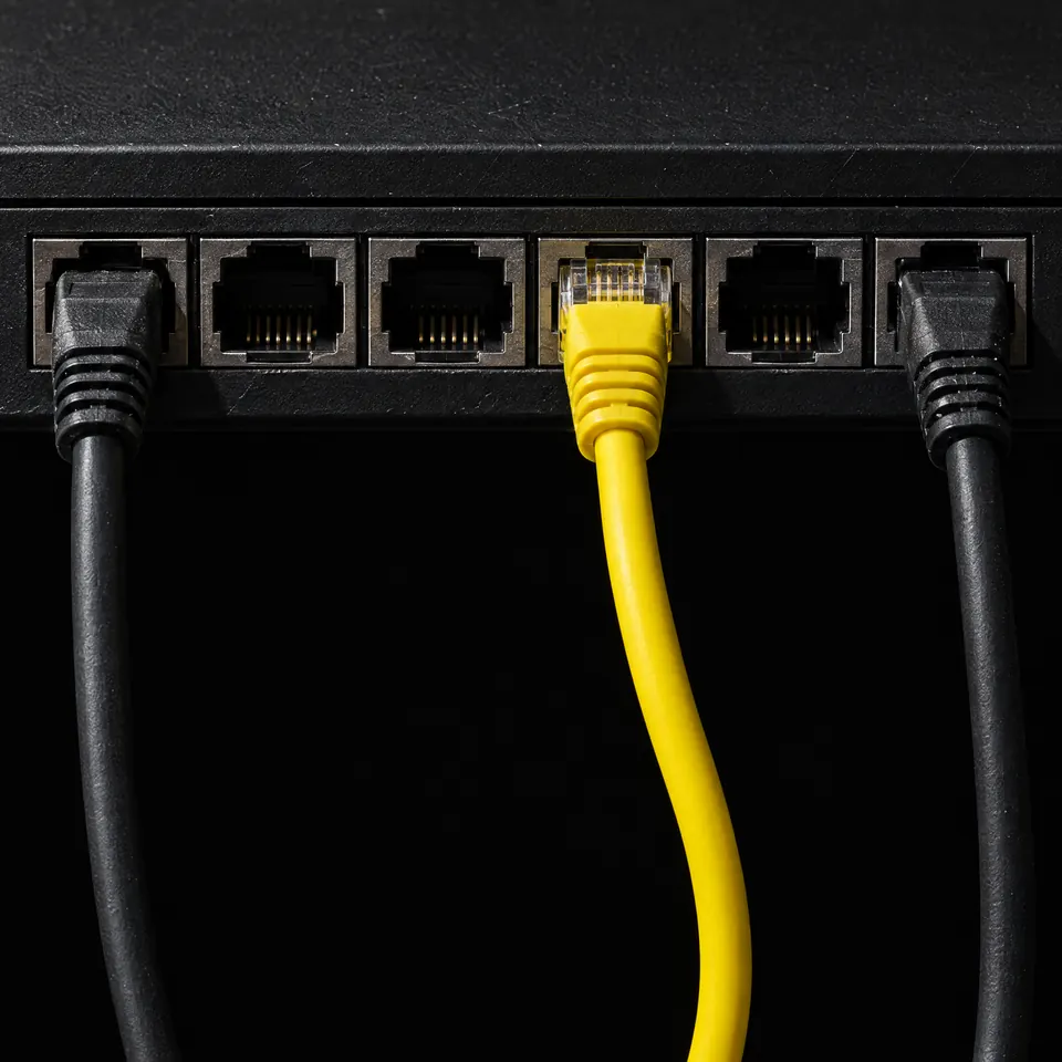 Puertos de un switch de red con un cable amarillo conectado entre dos cables negros.